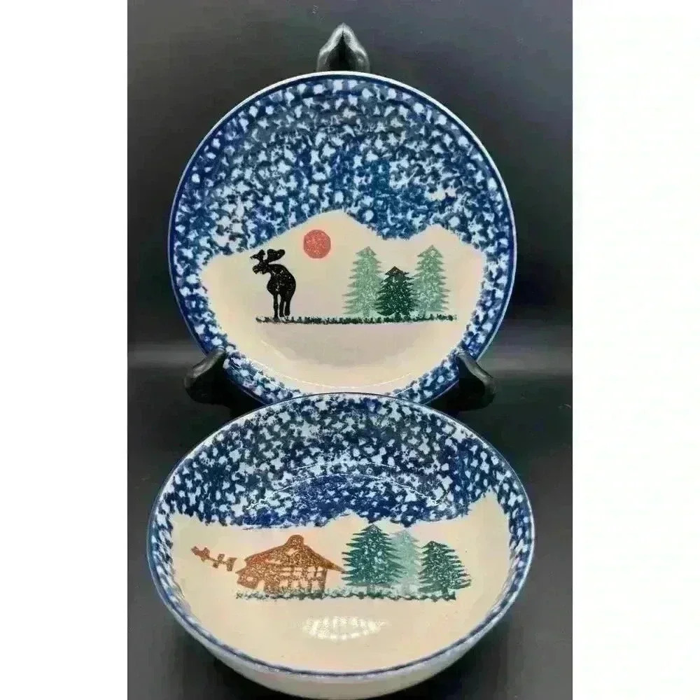 Thompson Pottery Hand Painted Moose Small Plate + Cereal Bowl Sponge Painting